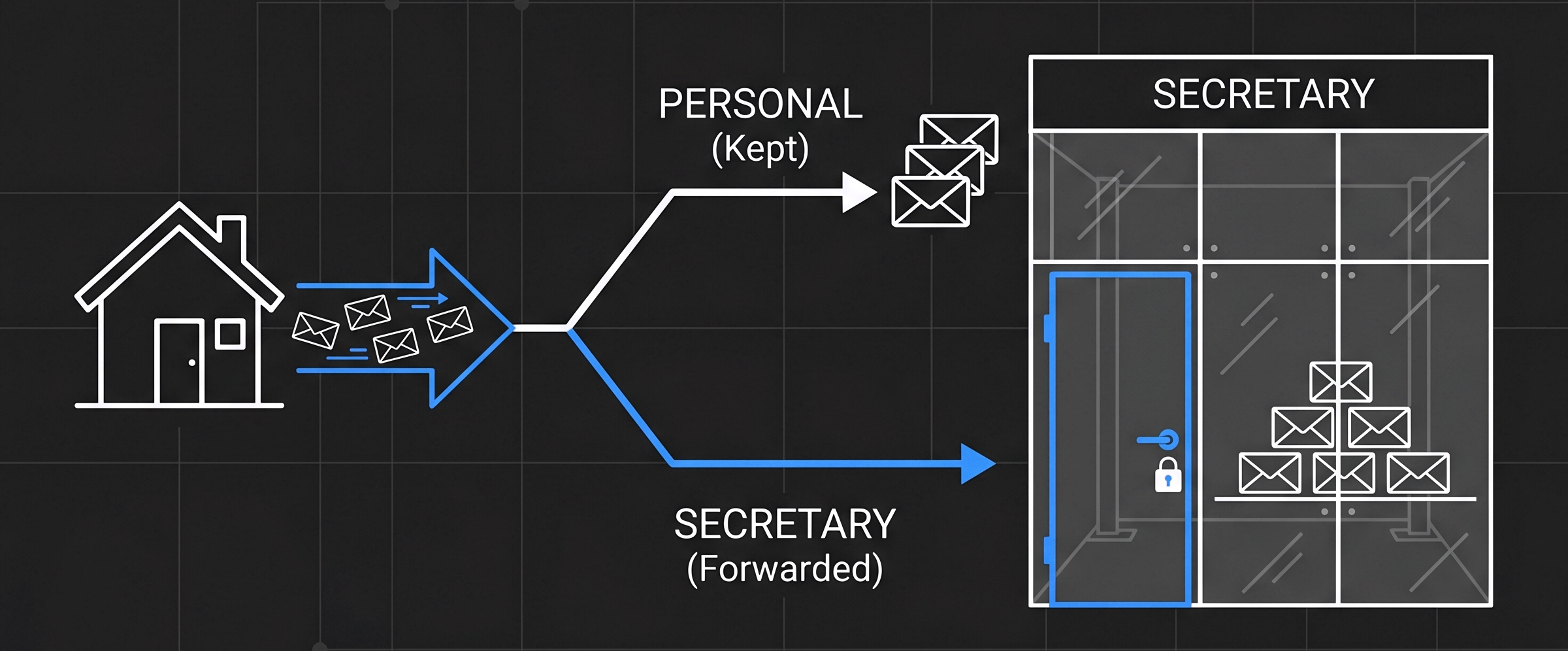 A house icon on the left routes mail in two directions: one labelled PERSONAL (Kept) goes up to a small envelope group, the other labelled SECRETARY (Forwarded) goes to a separate glass-walled enclosure with a padlock on its door.